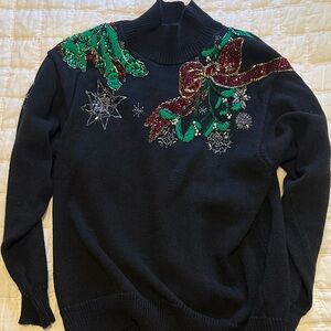 I.B Diffusion/ Black Embellished Turtleneck Sweater with Holiday Accents
